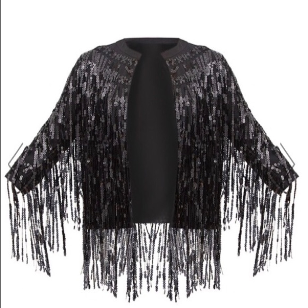 Pretty Little Thing - Black Sequins Fringe Jacket